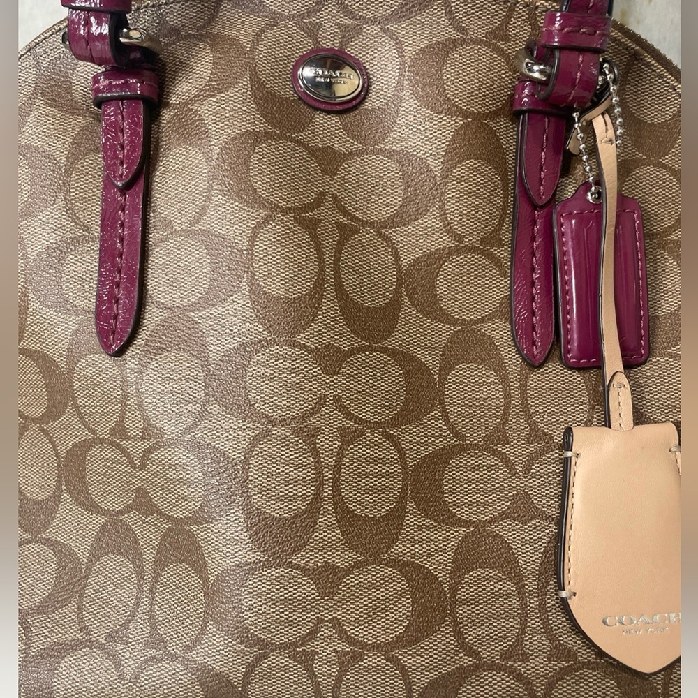 Coach Peyton Signature Cora Domed Satchel Bag Brown Coated Canvas Purple Leather - Picture 2 of 13